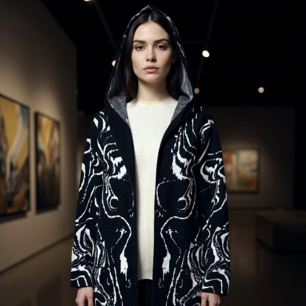 Eva & Paige Black and White Graphic Pattern Open Front Cardigan w Hoodie Size M